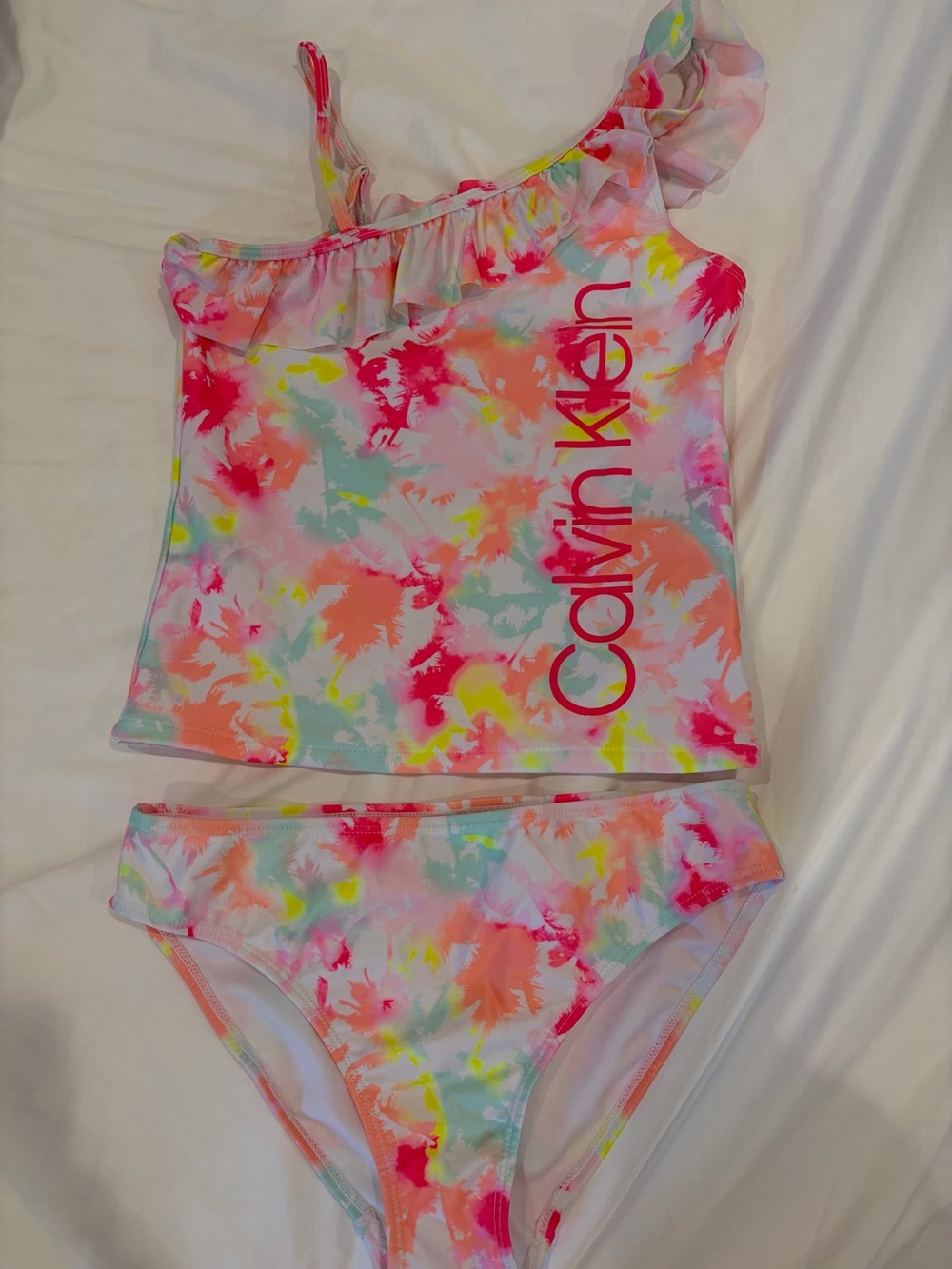 Calvin Klein White Neon Watercolor Ruffle One-Shoulder Tankini